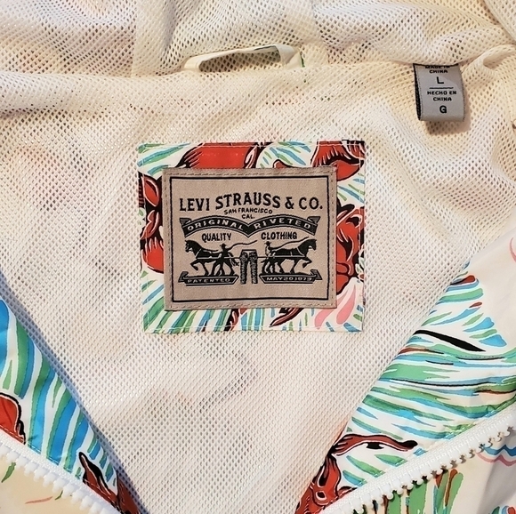 LEVI'S Tropical Hawaiian Floral Flower  White Windbreaker Hooded Jacket Size L - Picture 8 of 12